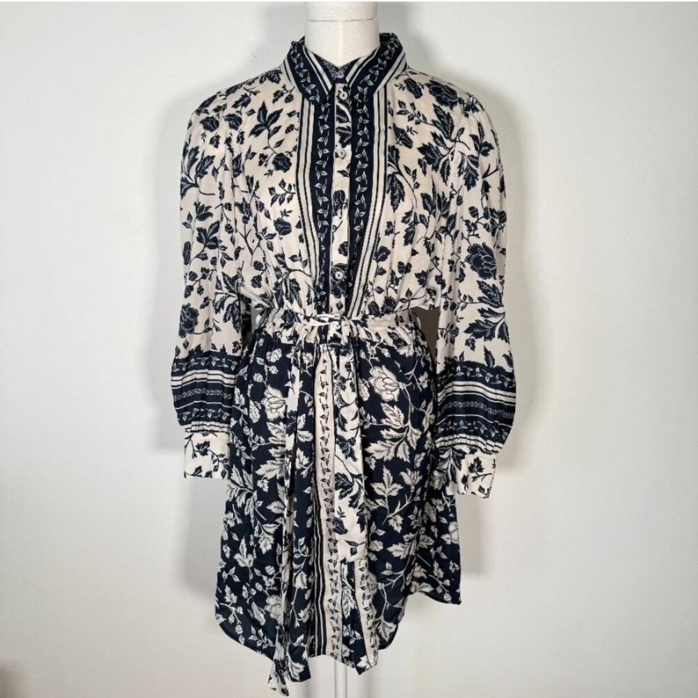 ba&sh Dark Navy and White Long Sleeve Bishop Collar Dress